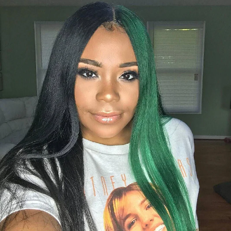 Adjustable - cap long - length wig for a comfortable fitPeruvian Hair Half Green And Half Black Color Lace Front Wig