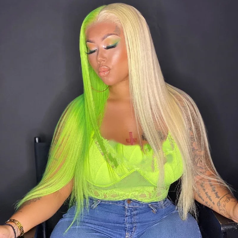 Long - length wig with a pre - bleached knot for a natural - looking scalpPeruvian Hair Half Green and Half Blond Color Straight Lace Front Wig