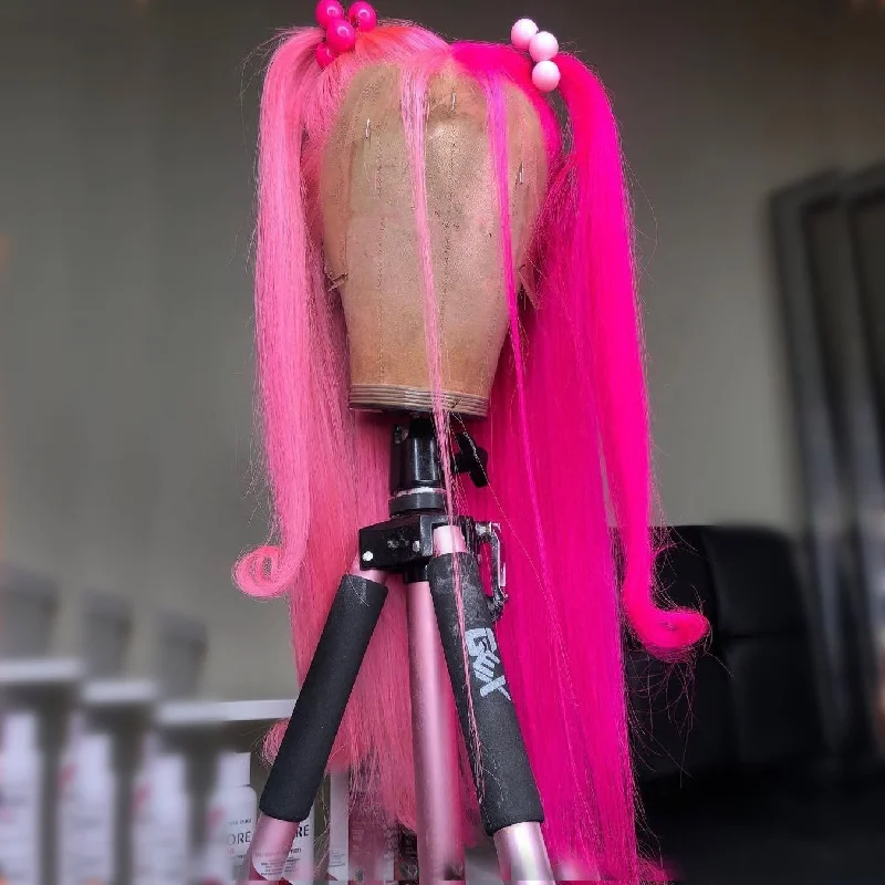 Long - length wig with a straight texture for a sleek and glamorous lookPeruvian Hair Half Light Pink and Half Fuchsia Color Straight Lace Front Wig