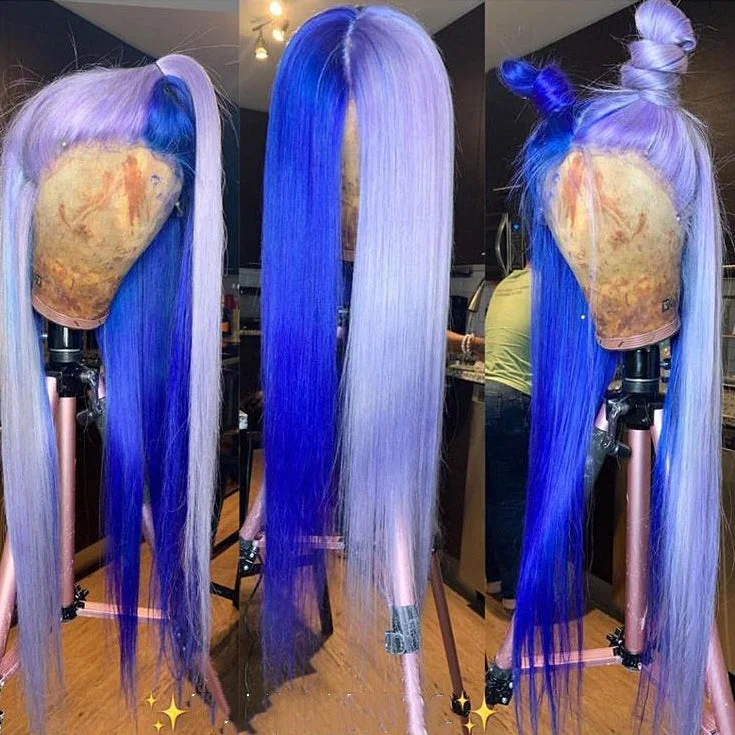 Synthetic long - length wig with a natural - looking texturePeruvian Hair Half Purple And Half Blue Color Lace Front Wig