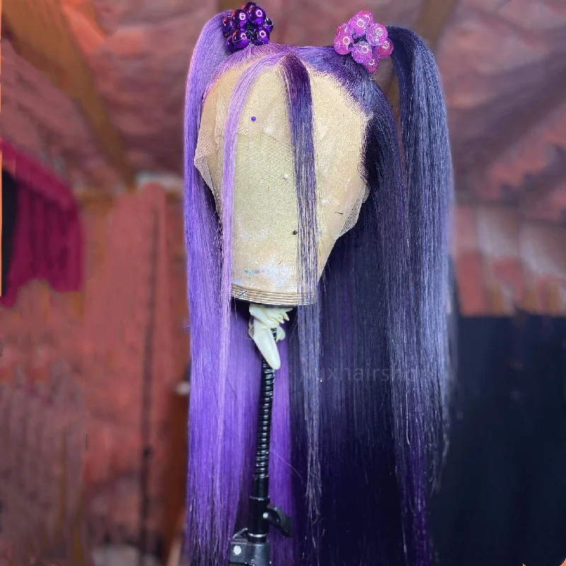 Adjustable - cap long - length wig for a comfortable fitPeruvian Hair Half Violet and Half Dark Purple Color Straight Lace Front Wig