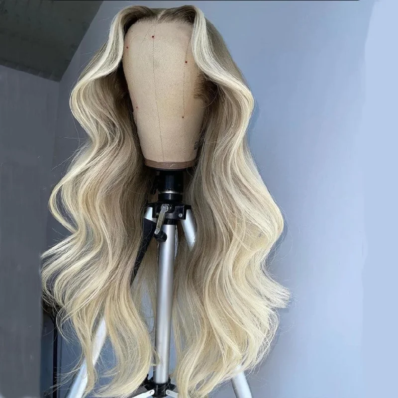 Long - length wig with a side - part for a more flattering lookPeruvian Hair Ice Blond With Dark Root Color Lace Front Wig