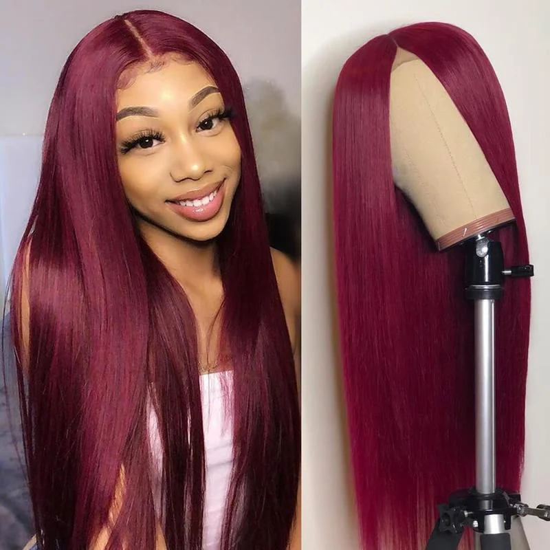 Long - length wig in a jet - black color for a classic appearancePeruvian Hair Lace Front Wig Burgundy Color Straight