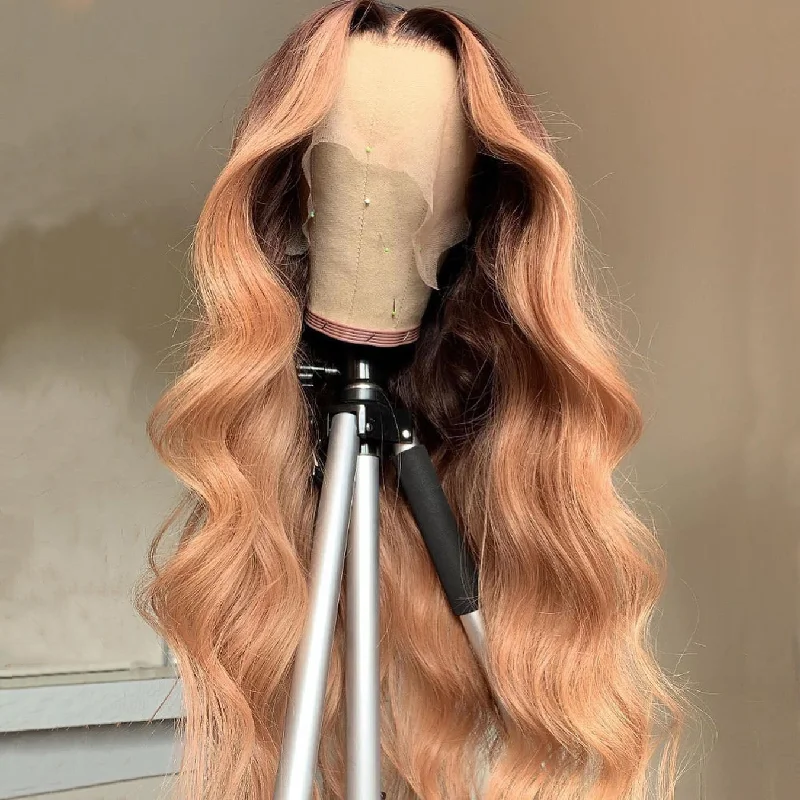 Long - length wig with a silk - base cap for a comfortable and smooth feelChampagne Color Lace Front Wig Dark Blond With Dark Brown Root