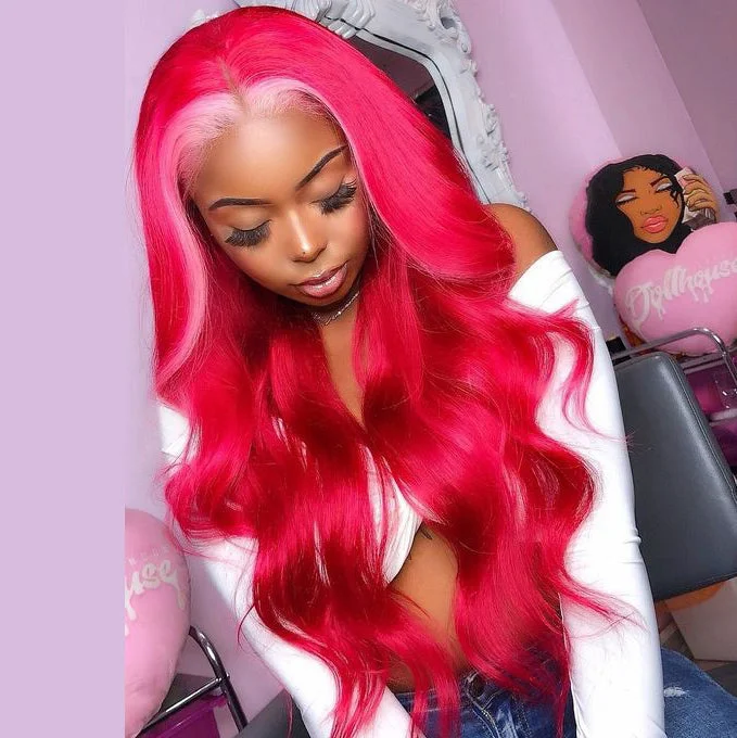 Long - length wig with a side - part for a more flattering lookPeruvian Hair Lace Front Wig Fuchsia With Light Pink Color Fashion in Autumn