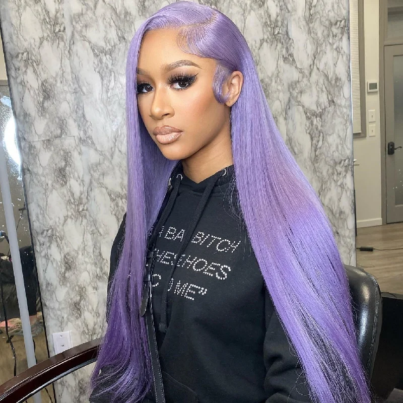 Long - length wig with a platinum - blonde color for a bold and trendy lookPeruvian Hair Lace Front Wig Light Purple Fashion Color