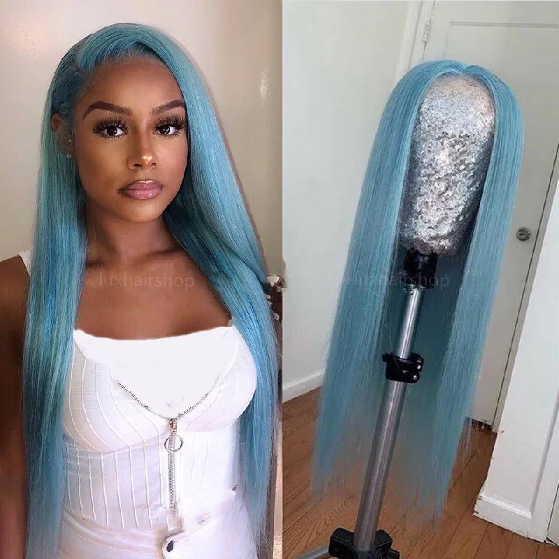 Long - length wig with a platinum - blonde color for a bold and trendy lookLight Blue Color Straight Long Real Human Hair Lace Front Wig