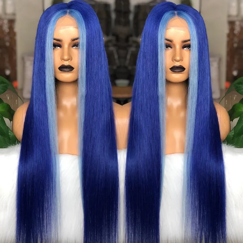 Long - length wig with a pre - plucked hairline for a more natural lookFashionable Royal Blue color with Light Blue Highlights Lace Front Wig