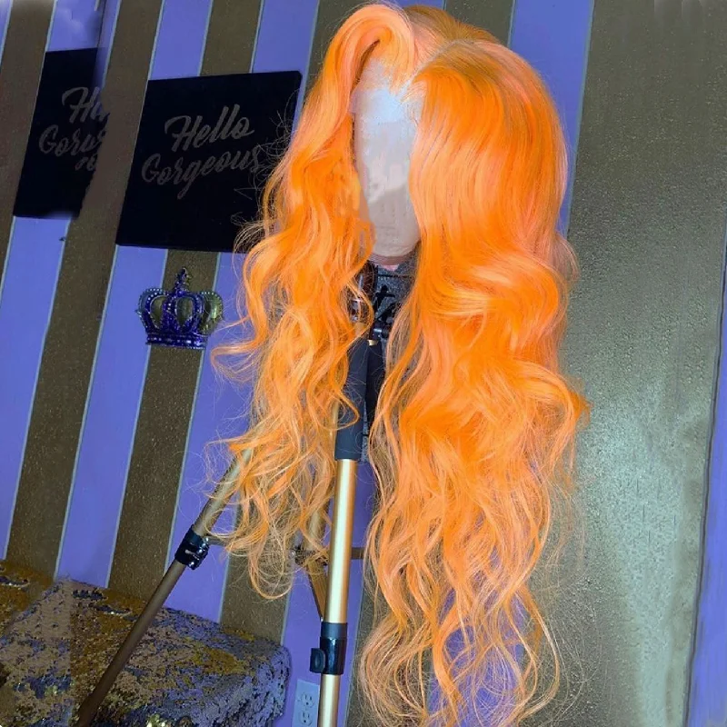 Long - length wig with a natural - looking root for a more realistic lookOrange Color Natural Wave Lace Front wig for Halloween Party