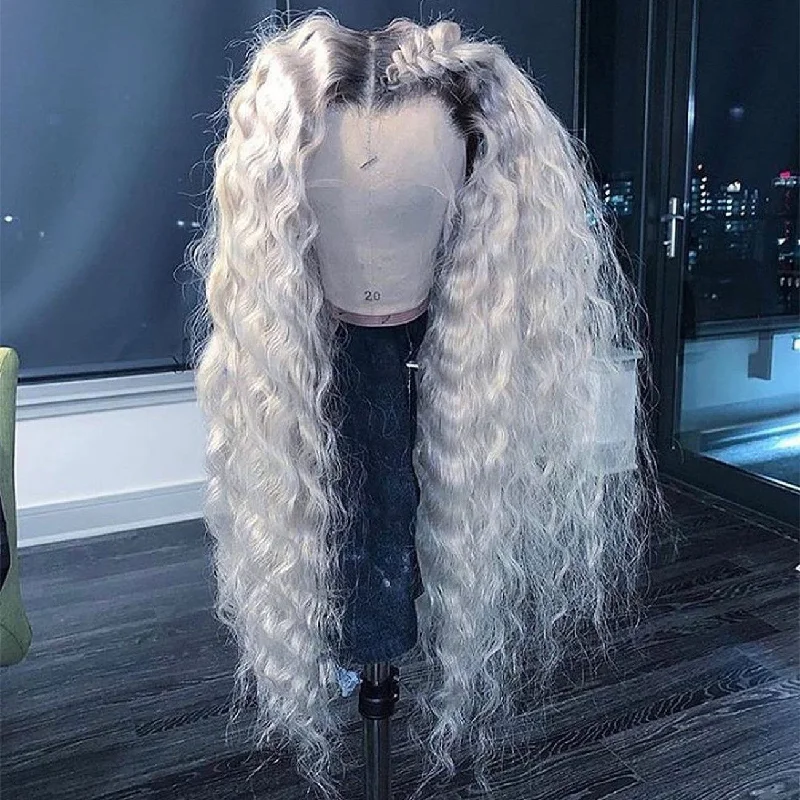 Long - length wig in a jet - black color for a classic appearancePeruvian Hair Loose Wave Silver with Black Root Color Lace Front Wig