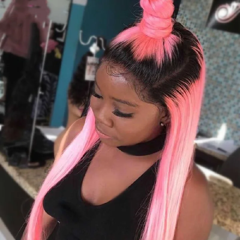 Long - length wig with a curly texture for a bold and stylish choicePeruvian Hair Pink Color with Black Root Straight Lace Front Wig