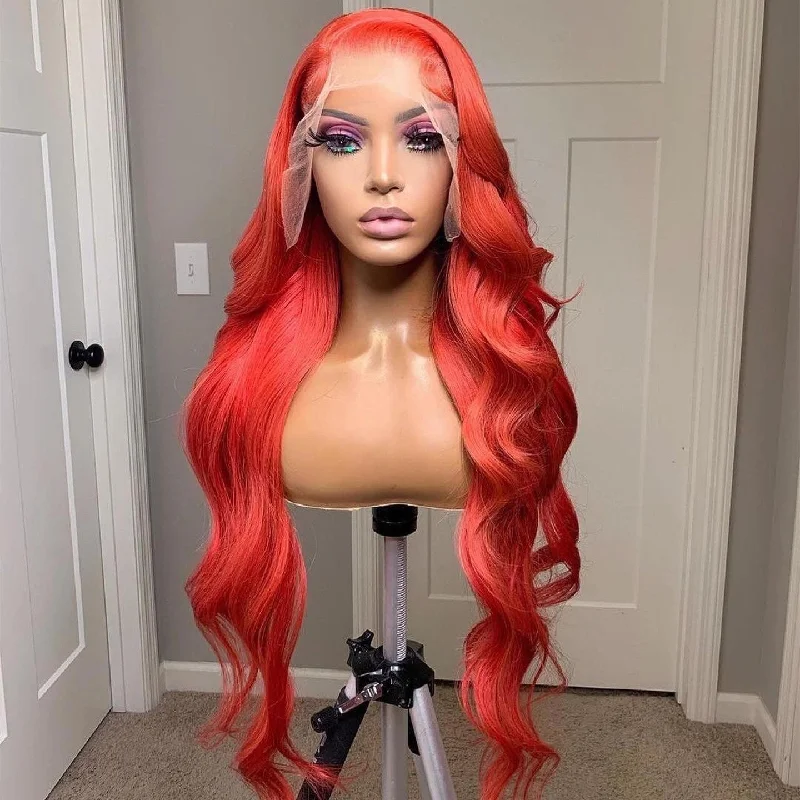 Long - length wig with a pre - bleached knot for a natural - looking scalpPeruvian Hair Rose Red Color Long Body Wave Lace Front Wig