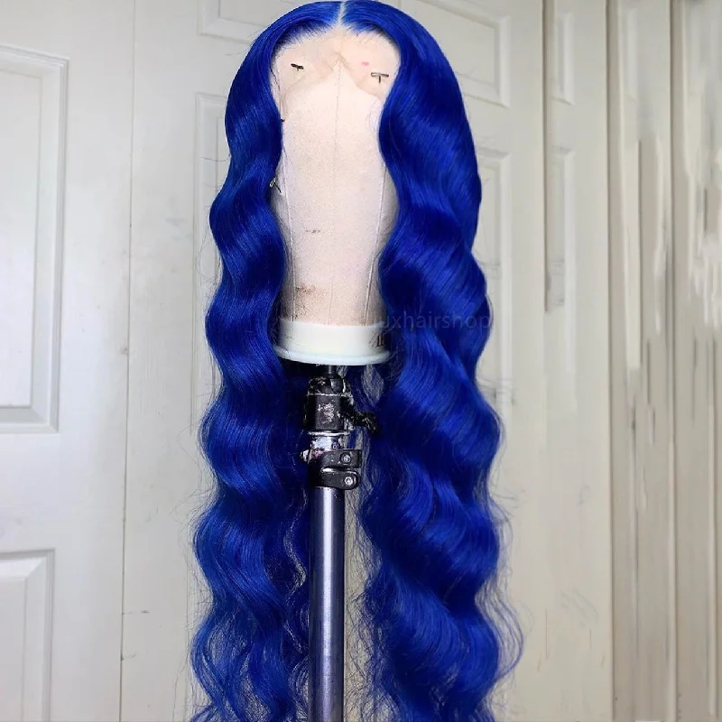 Long - length wig with a 220 - density for an extra - full appearancePeruvian Hair Royal Blue Color Fashion Style Lace Front Wig