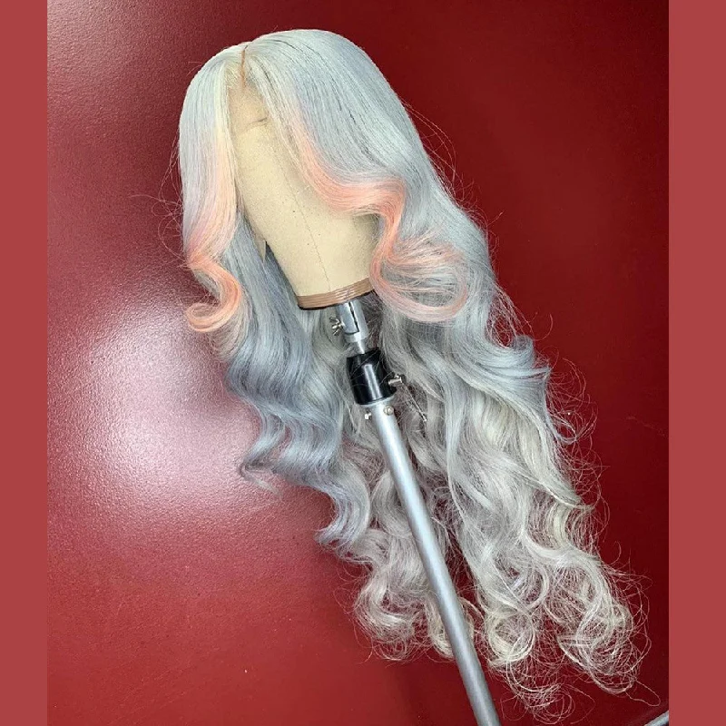 Human - hair long - length wig for a natural and luxurious feelPeruvian Hair Silver Grey Peach Color Highlight Lace Front Wig