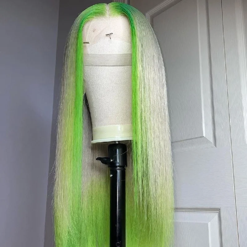 Long - length wig with a heat - resistant formula for easy styling at homePeruvian Hair Silver & Light Green Highlights Style Lace Front Wig