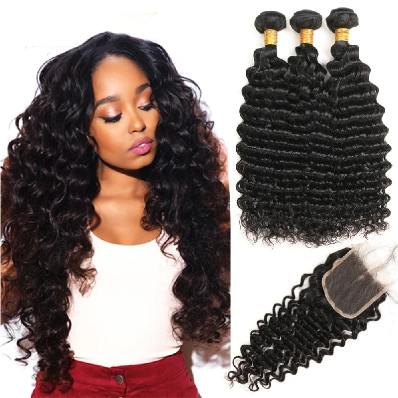 Long - length wig with a pre - bleached knot for a natural - looking scalpPeruvian hair - Three hair weft with one closure - Deep Wave