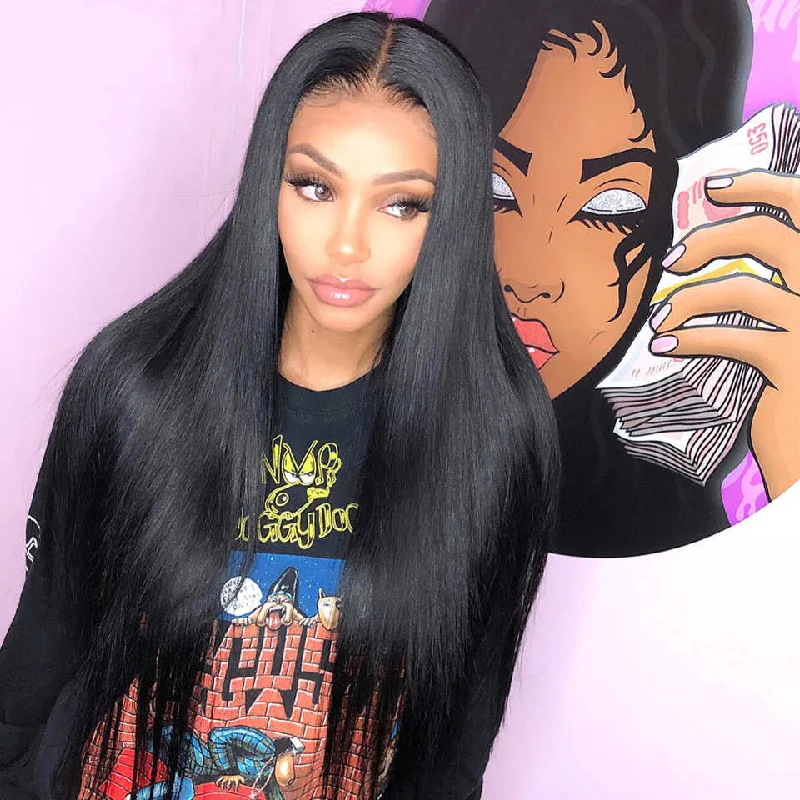 Synthetic long - length wig with a natural - looking texturePeruvian Human Hair Black Full Lace Wig Long Straight