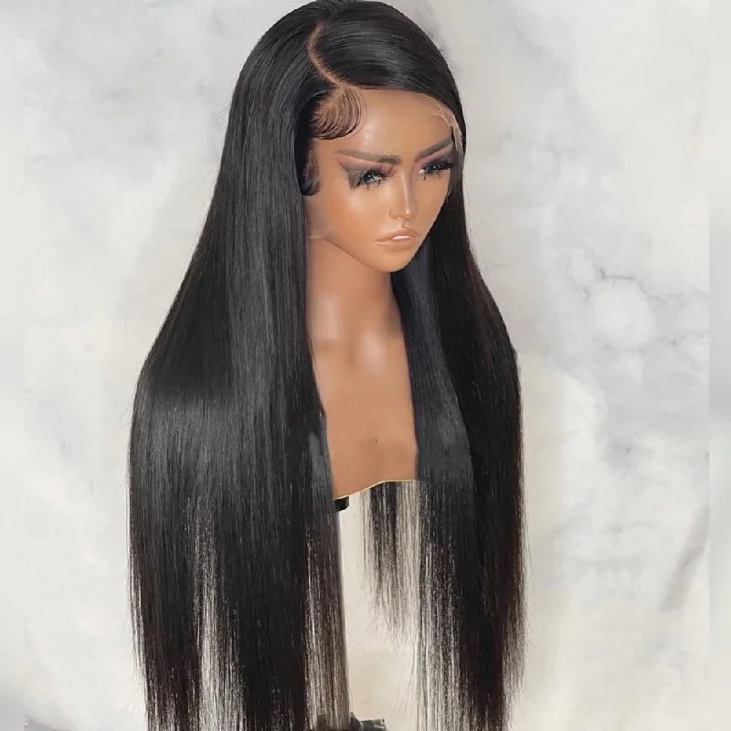 Long - length wig with a pre - plucked hairline for a more natural lookBrazilian Long Straight Human Hair Black Full Lace Wig