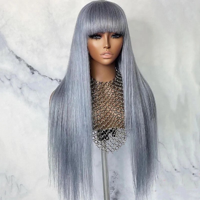 Long - length wig with a pre - plucked hairline for a more natural lookSilver Color 100% Peruvian Human Hair Straight & Bangs Long Lace Front Wig