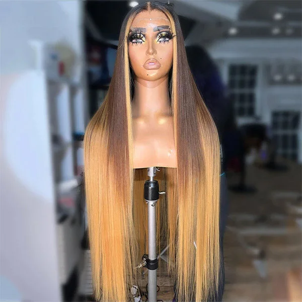 Long - length wig with a side - part for a more flattering lookSkunk Stripe Blonde Black Ombre Brown Color straight hair HD Lace Frontal  Human Hair Wigs