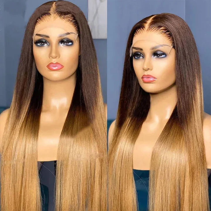 Long - length wig with a 220 - density for an extra - full appearanceStraight 4X4 13X4 Lace Frontal Wig for Black Women T4/27 Ombre Color Hair