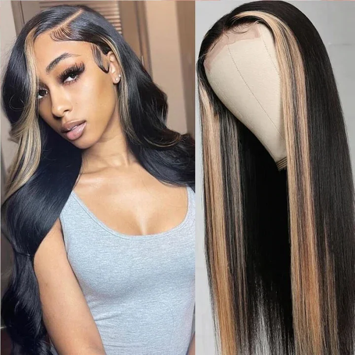 Long - length wig with a pre - plucked hairline for a more natural lookStraight Blond & Black Highlighgt Wig for Women 13x4/4x4 HD Lace Front Skunk Stripe Wigs Color