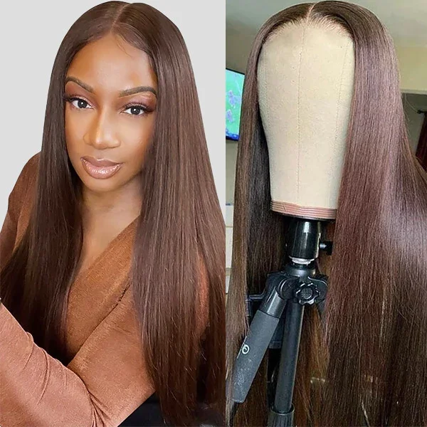 Long - length wig with a natural - looking root for a more realistic lookColor #4 Brown Straight 4x4/13x4 HD Lace Front Wig Human Hair For Women