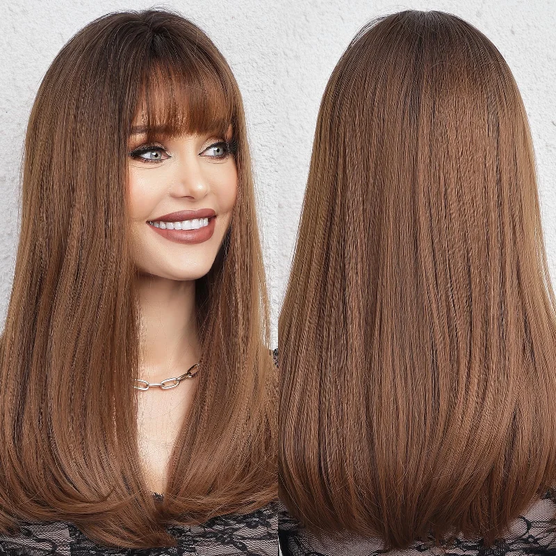 Long - length wig with a pre - bleached knot for a natural - looking scalpStraight Layered and Heat-Resistant Ombre Brown Synthetic Wig