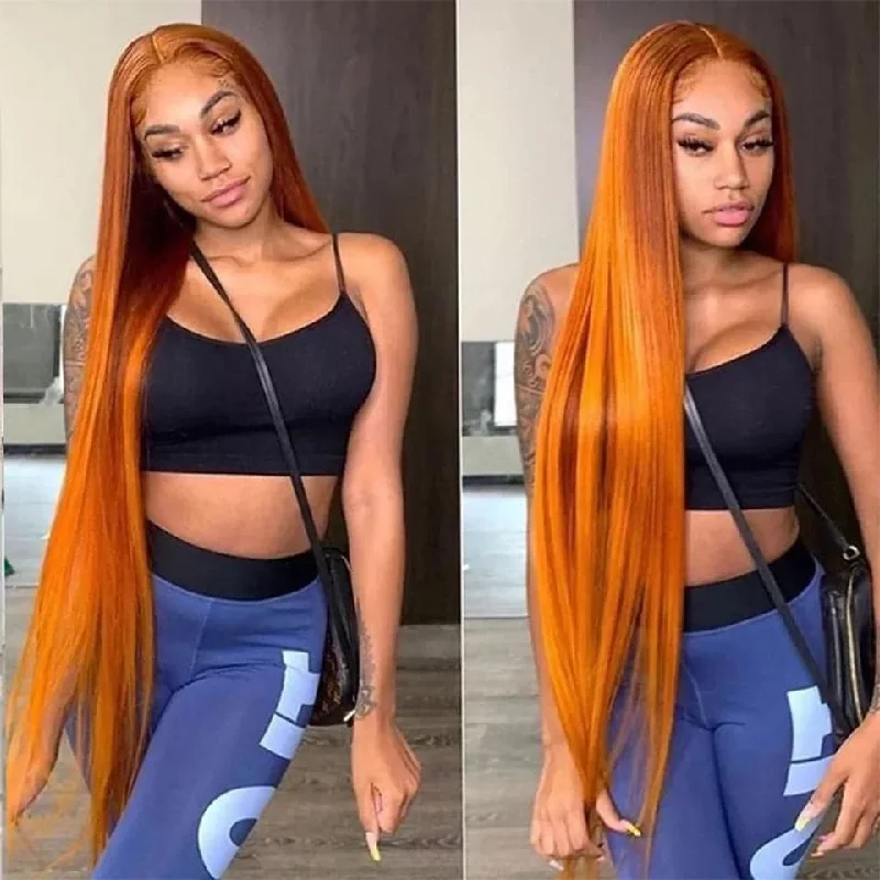 Long - length wig with a middle - part for a classic and elegant styleStraight Orange Ginger Wig 4x4/13x4 Lace Front Wig Preplucked 150%/180% Density