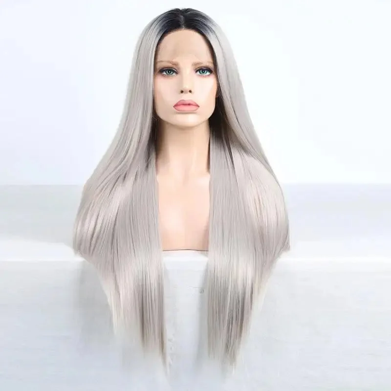 Long - length wig with a middle - part for a classic and elegant styleTwo Tone Grey Synthetic Lace Front with Side Part