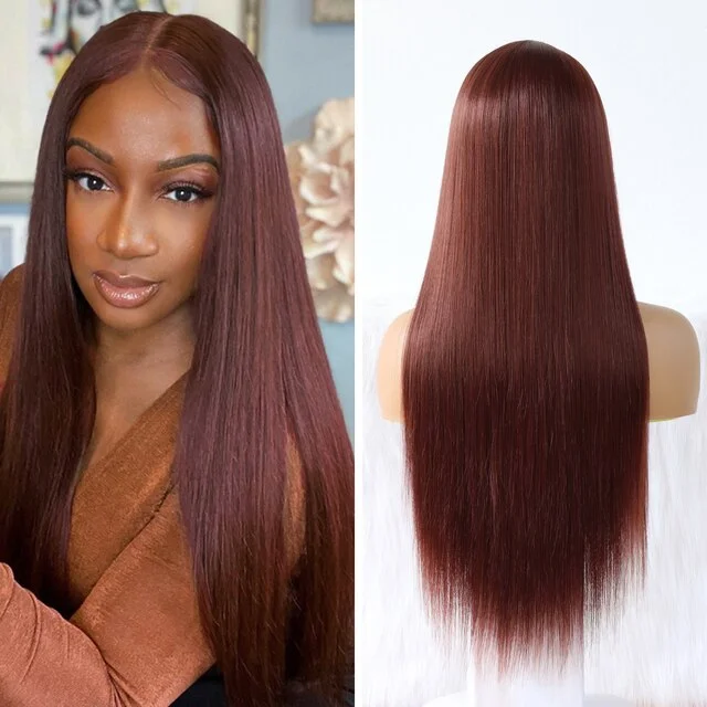 Long - length wig with a middle - part for a classic and elegant style#33 Red Brown High Quality Straight 13x4 Frontal Transparent Lace Wigs Natural Hairline Human Hair Wig